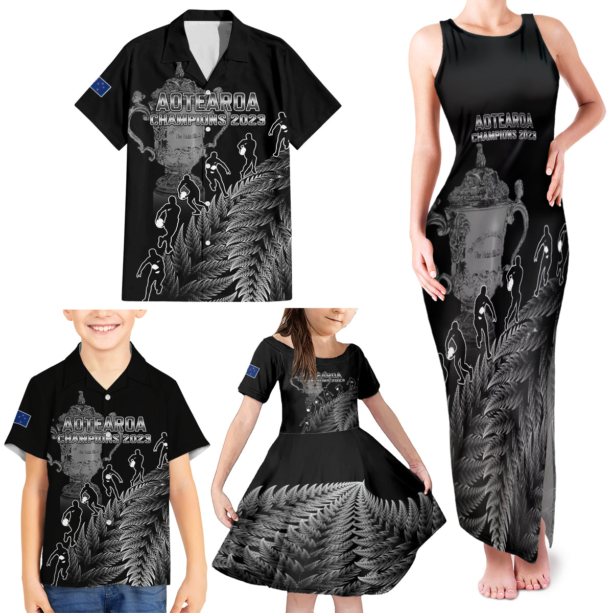 custom-new-zealand-silver-fern-rugby-family-matching-tank-maxi-dress-and-hawaiian-shirt-all-black-go-champions-2023-with-trophy-proud