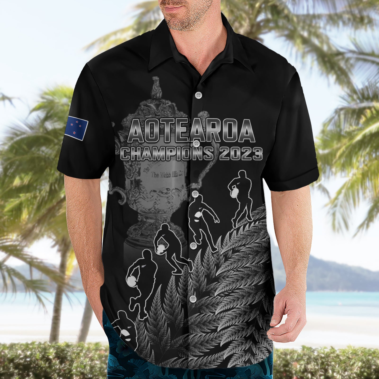 Custom New Zealand Silver Fern Rugby Hawaiian Shirt All Black Go Champions 2023 With Trophy Proud - Vibe Hoodie Shop