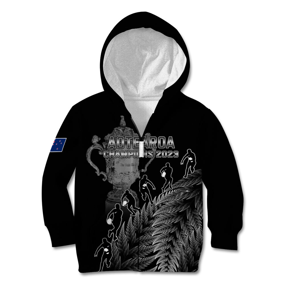 Custom New Zealand Silver Fern Rugby Kid Hoodie All Black Go Champions 2023 With Trophy Proud - Vibe Hoodie Shop