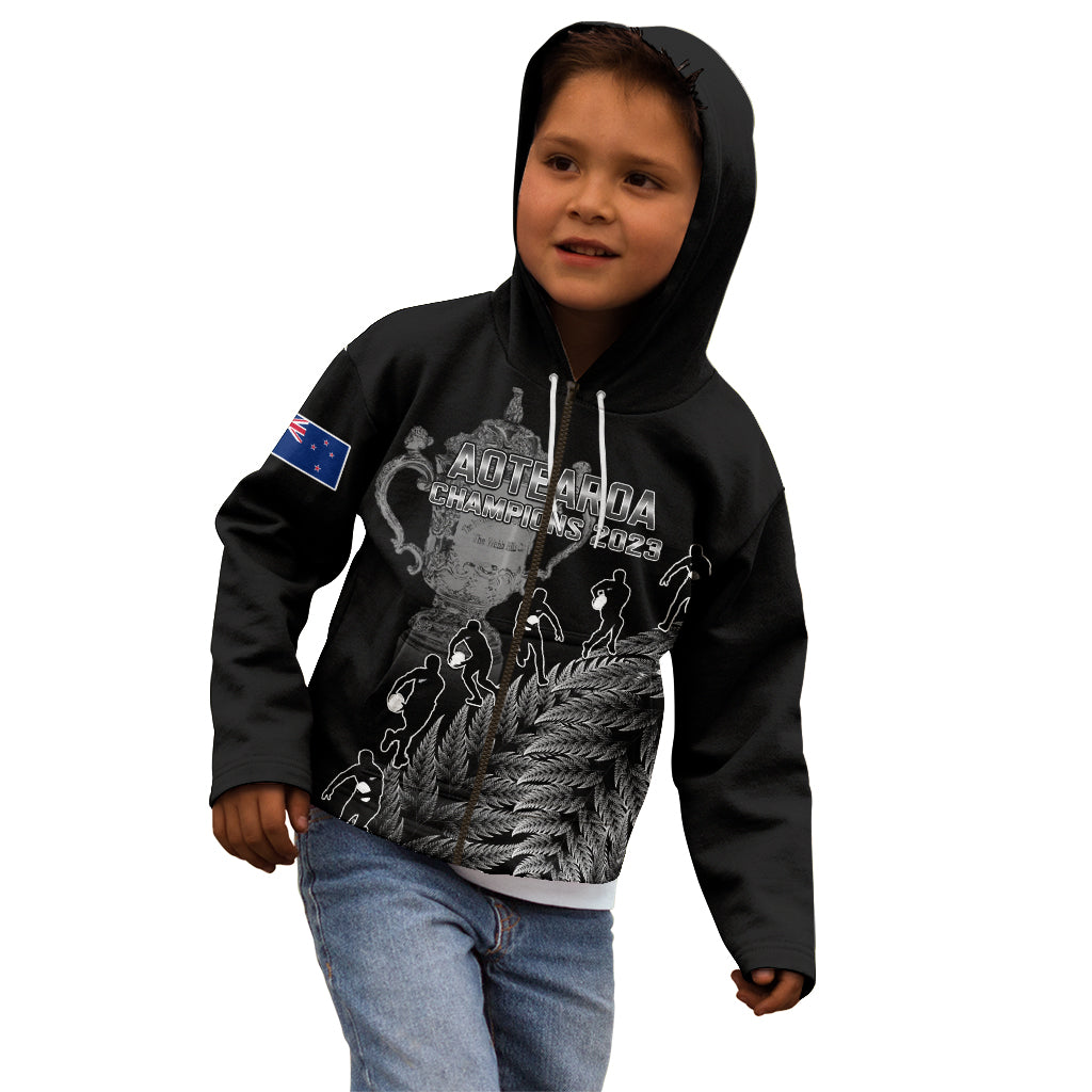 Custom New Zealand Silver Fern Rugby Kid Hoodie All Black Go Champions 2023 With Trophy Proud - Vibe Hoodie Shop