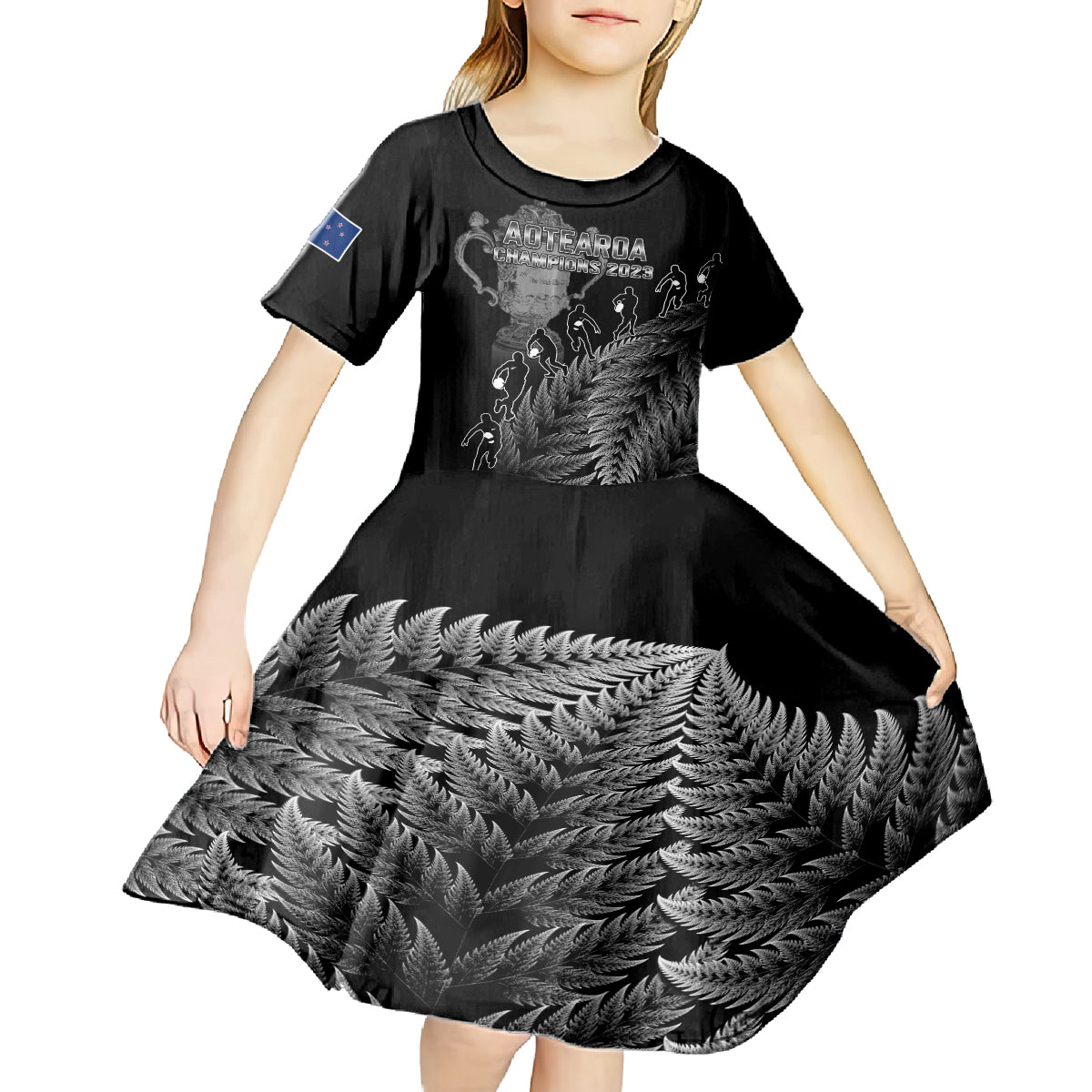 Custom New Zealand Silver Fern Rugby Kid Short Sleeve Dress All Black Go Champions 2023 With Trophy Proud - Vibe Hoodie Shop