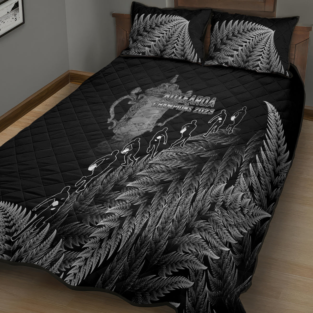 Custom New Zealand Silver Fern Rugby Quilt Bed Set All Black Go Champions 2023 With Trophy Proud - Vibe Hoodie Shop