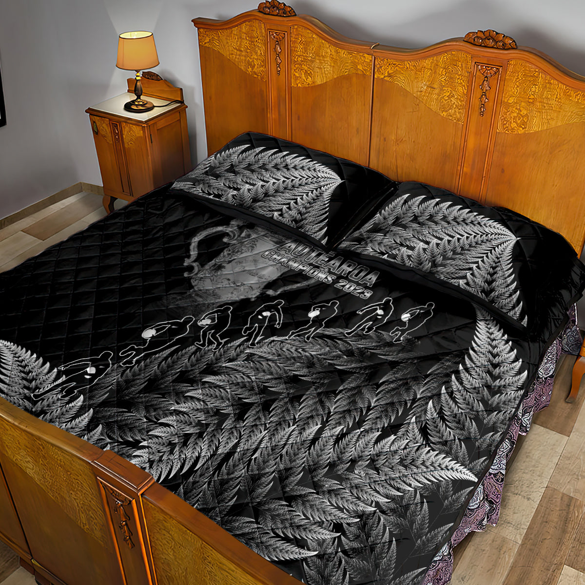 Custom New Zealand Silver Fern Rugby Quilt Bed Set All Black Go Champions 2023 With Trophy Proud - Vibe Hoodie Shop