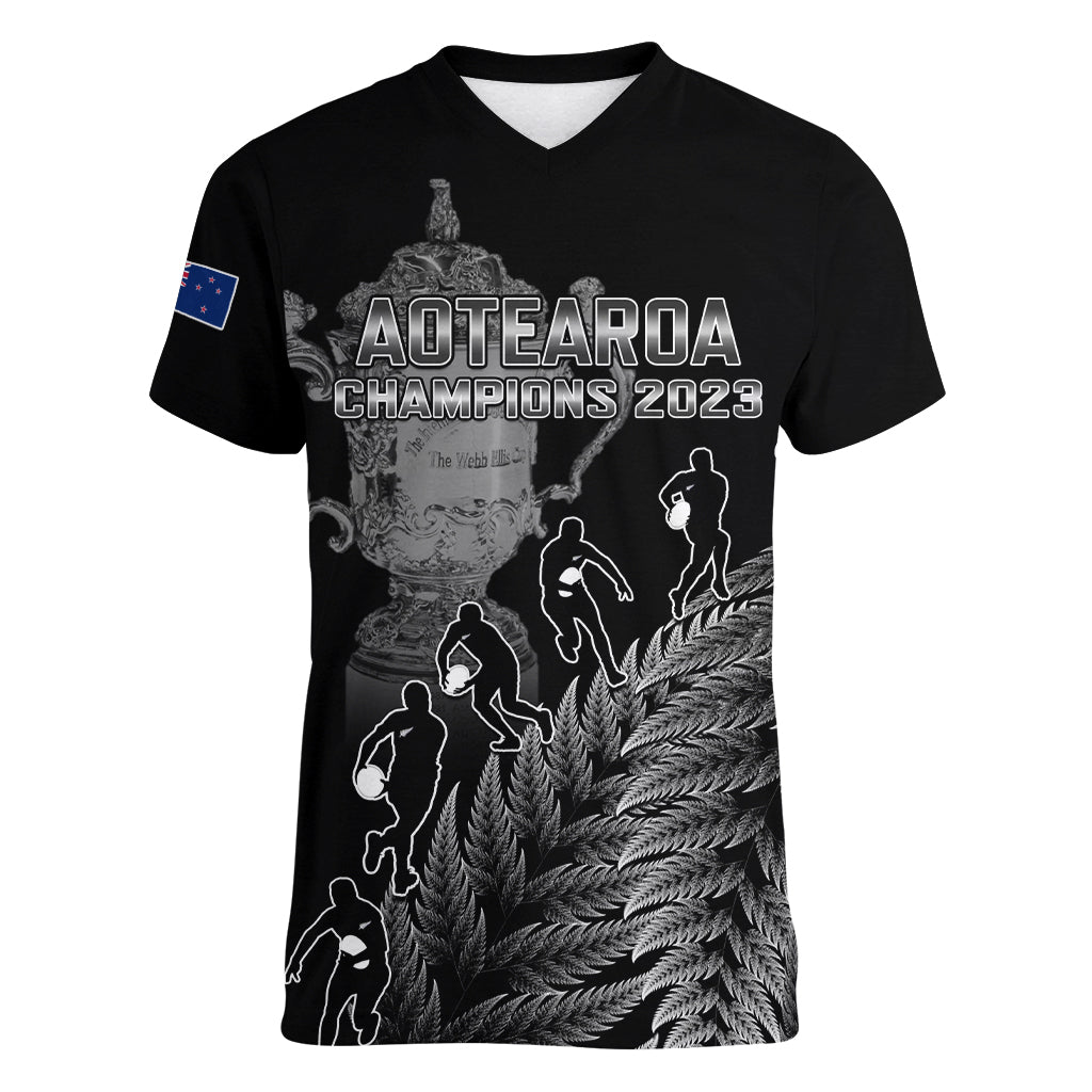 Custom New Zealand Silver Fern Rugby Women V Neck T Shirt All Black Go Champions 2023 With Trophy Proud - Vibe Hoodie Shop