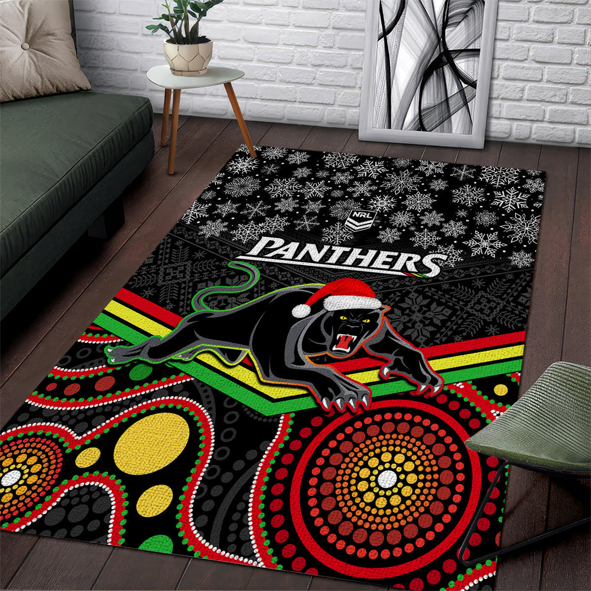 Panthers Rugby Christmas Area Rug Merry Xmas 2023 Mix Aboriginal Art Black Version - Vibe Hoodie Shop