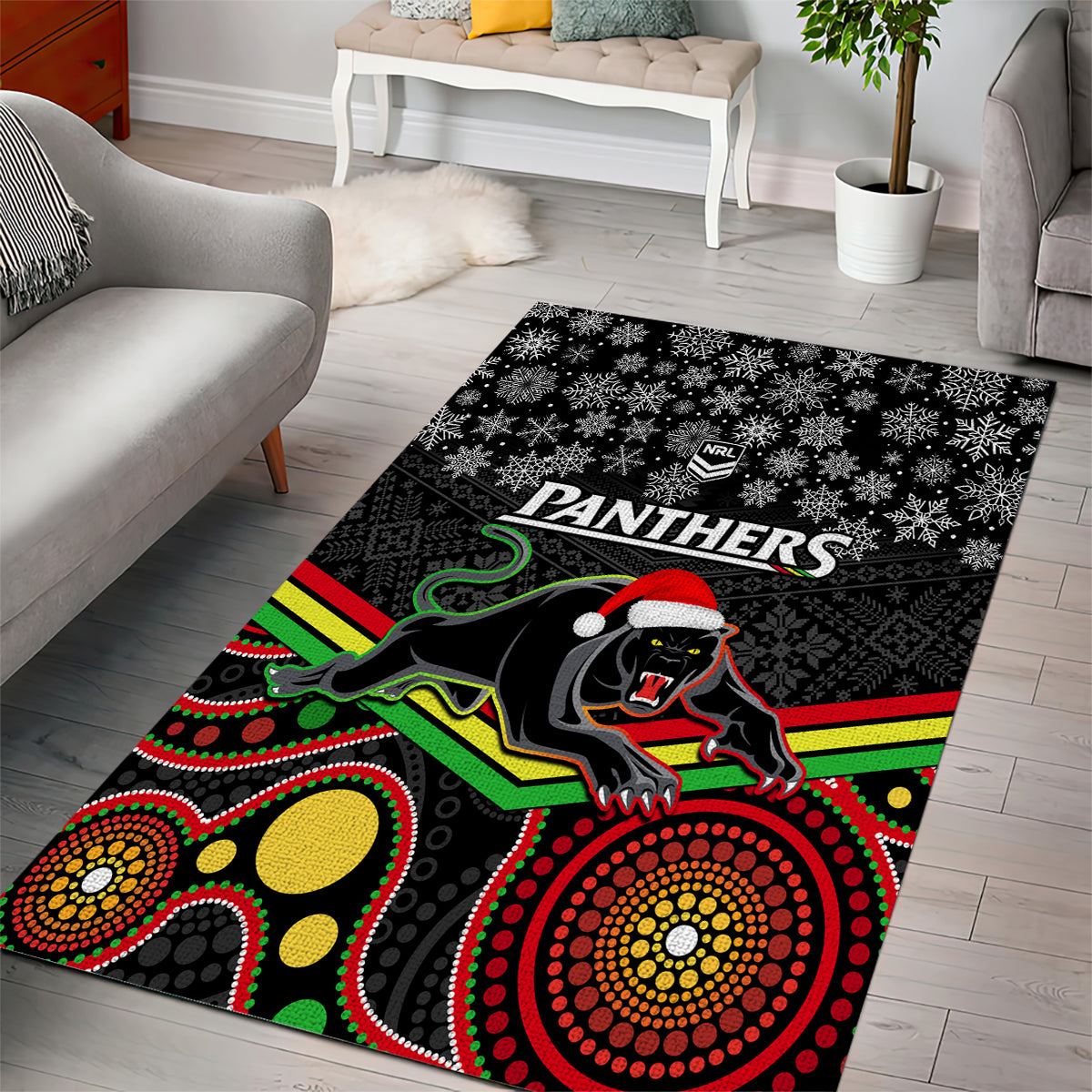 Panthers Rugby Christmas Area Rug Merry Xmas 2023 Mix Aboriginal Art Black Version - Vibe Hoodie Shop