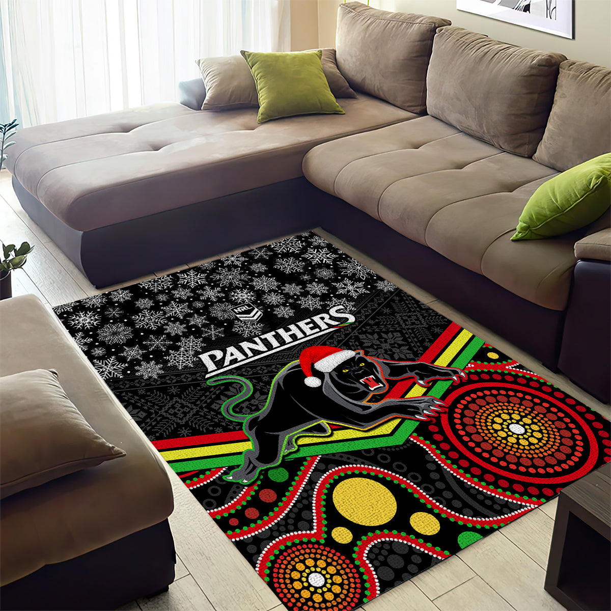 Panthers Rugby Christmas Area Rug Merry Xmas 2023 Mix Aboriginal Art Black Version - Vibe Hoodie Shop