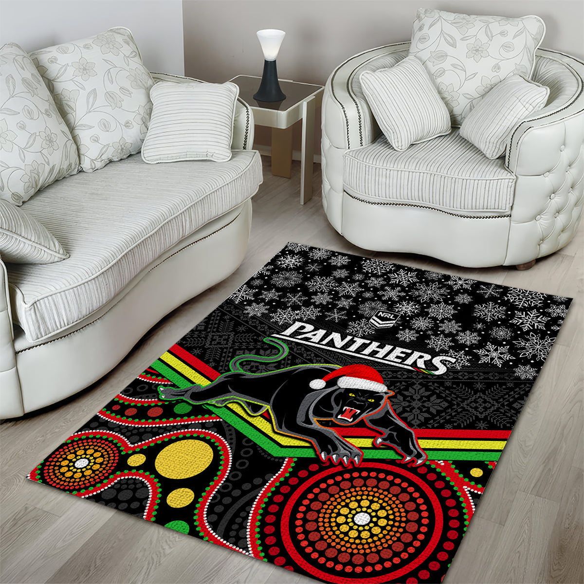 Panthers Rugby Christmas Area Rug Merry Xmas 2023 Mix Aboriginal Art Black Version - Vibe Hoodie Shop