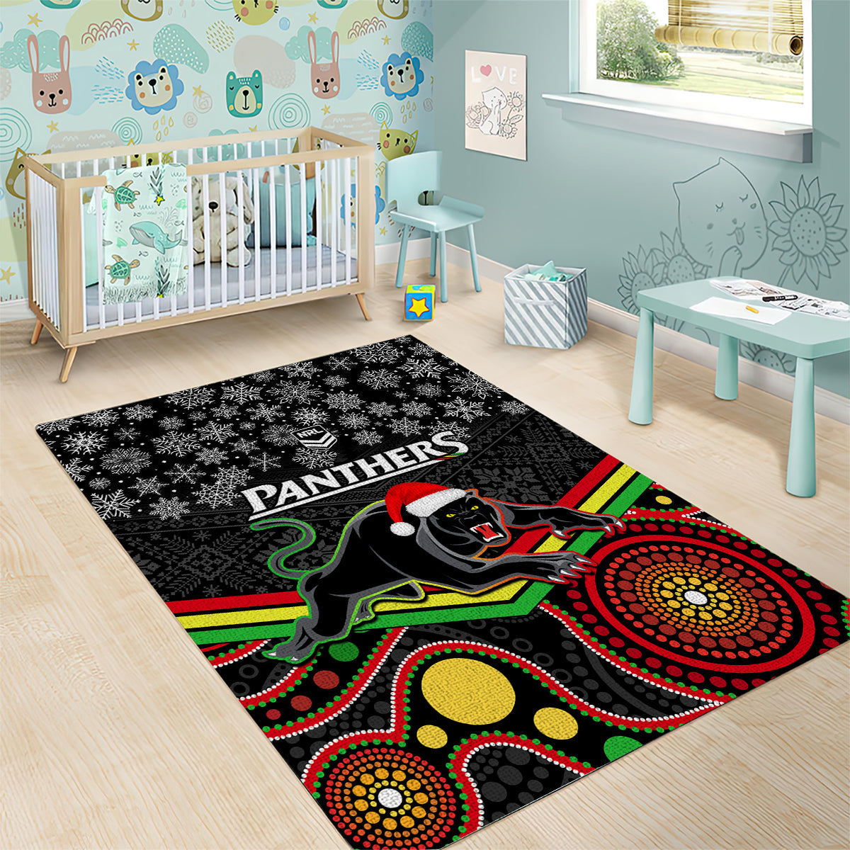 Panthers Rugby Christmas Area Rug Merry Xmas 2023 Mix Aboriginal Art Black Version - Vibe Hoodie Shop