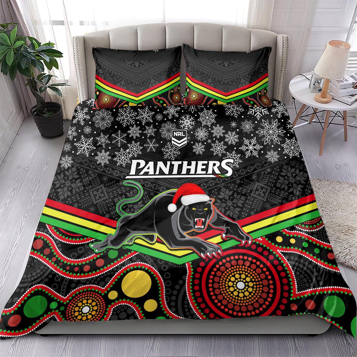 Panthers Rugby Christmas Bedding Set Merry Xmas 2023 Mix Aboriginal Art Black Version - Vibe Hoodie Shop