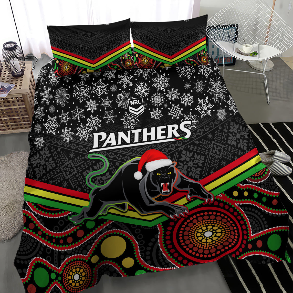 Panthers Rugby Christmas Bedding Set Merry Xmas 2023 Mix Aboriginal Art Black Version - Vibe Hoodie Shop