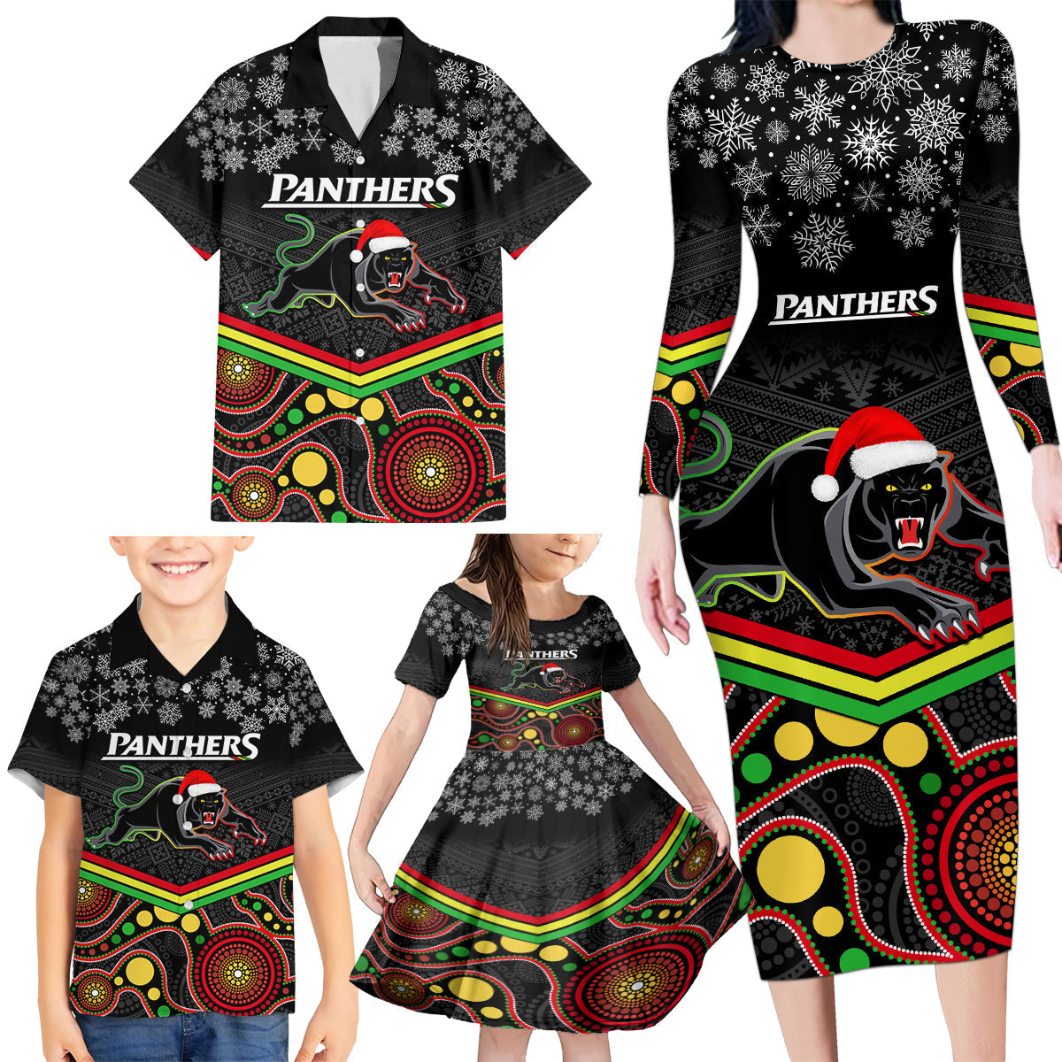 custom-panthers-rugby-christmas-family-matching-long-sleeve-bodycon-dress-and-hawaiian-shirt-merry-xmas-2023-mix-aboriginal-art-black-version