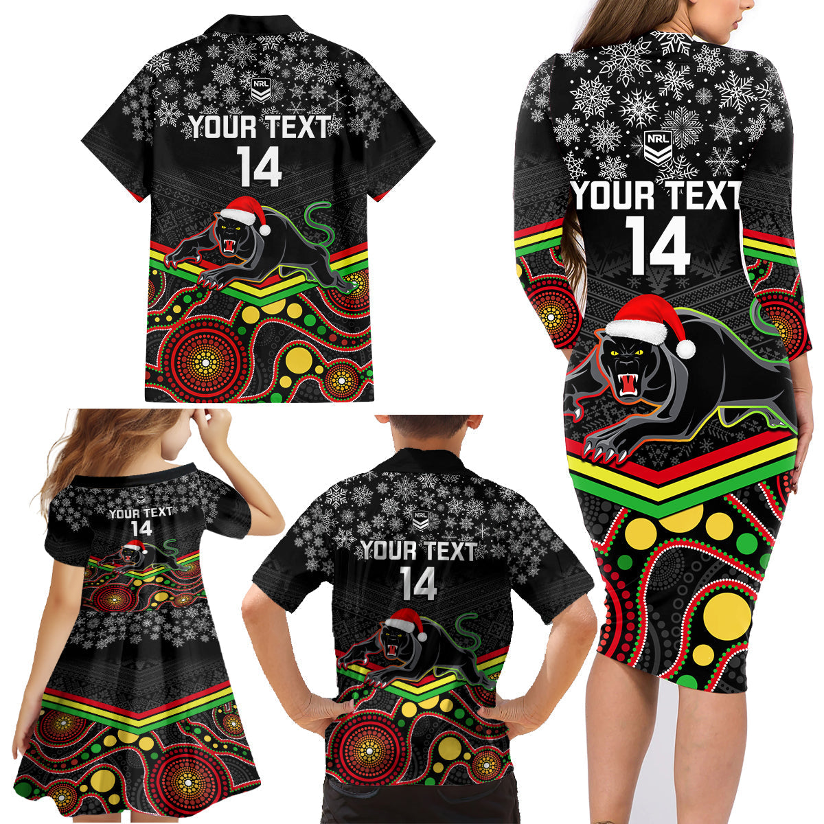 custom-panthers-rugby-christmas-family-matching-long-sleeve-bodycon-dress-and-hawaiian-shirt-merry-xmas-2023-mix-aboriginal-art-black-version