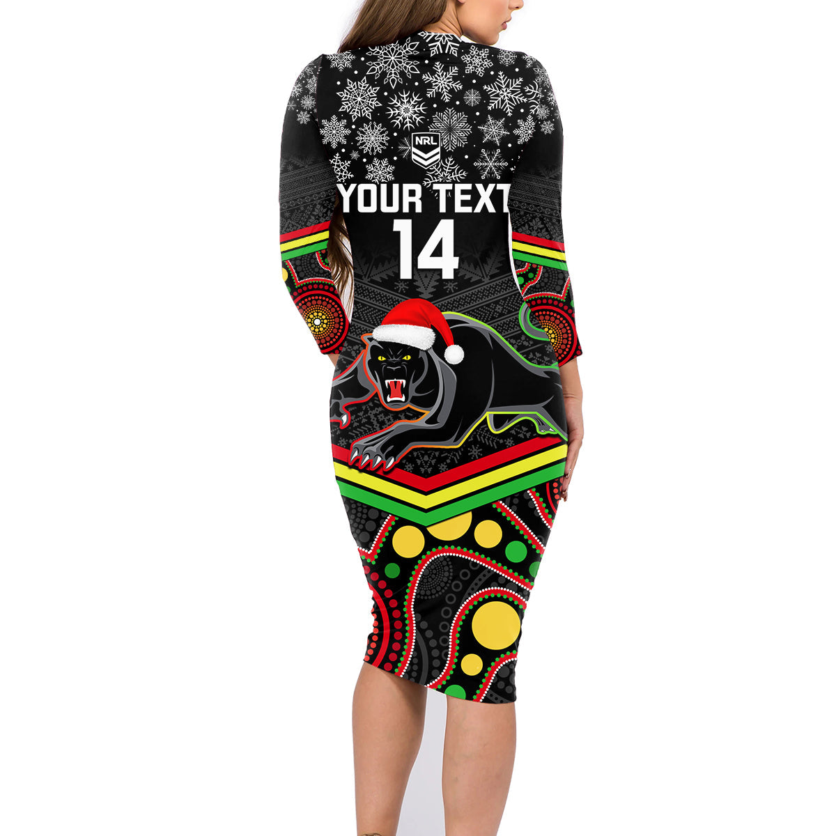 custom-panthers-rugby-christmas-family-matching-long-sleeve-bodycon-dress-and-hawaiian-shirt-merry-xmas-2023-mix-aboriginal-art-black-version