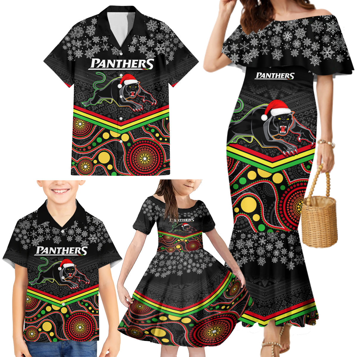 custom-panthers-rugby-christmas-family-matching-mermaid-dress-and-hawaiian-shirt-merry-xmas-2023-mix-aboriginal-art-black-version