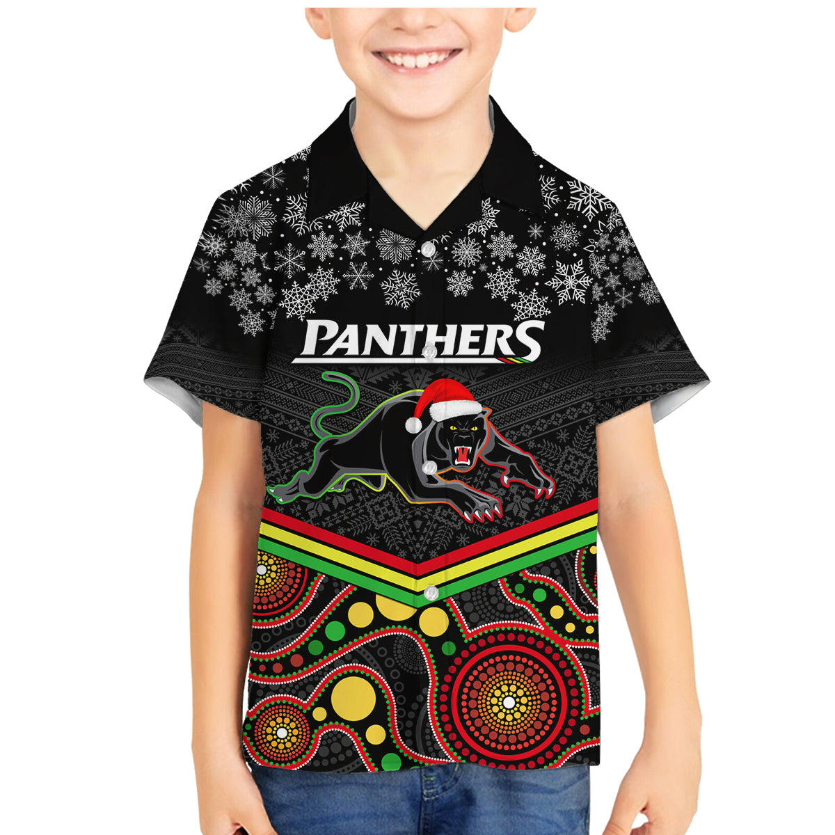 custom-panthers-rugby-christmas-family-matching-mermaid-dress-and-hawaiian-shirt-merry-xmas-2023-mix-aboriginal-art-black-version