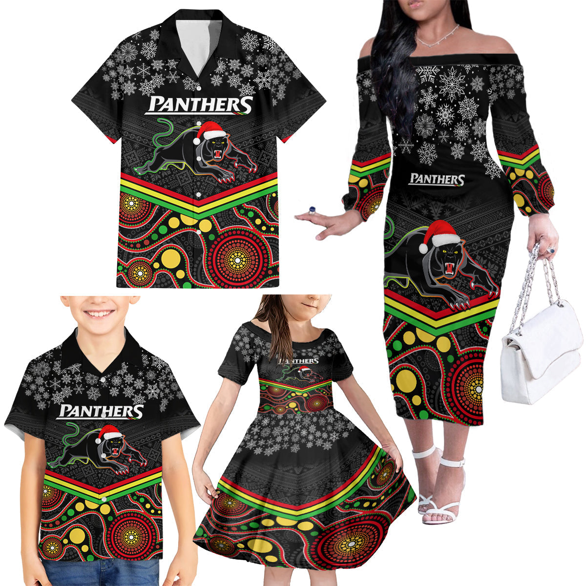 custom-panthers-rugby-christmas-family-matching-off-shoulder-long-sleeve-dress-and-hawaiian-shirt-merry-xmas-2023-mix-aboriginal-art-black-version