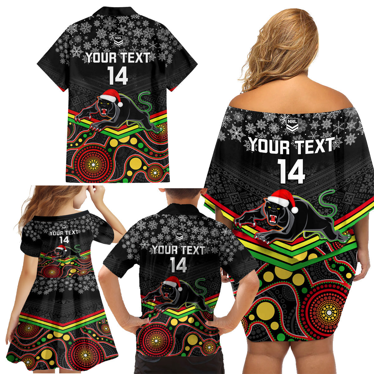 custom-panthers-rugby-christmas-family-matching-off-shoulder-short-dress-and-hawaiian-shirt-merry-xmas-2023-mix-aboriginal-art-black-version