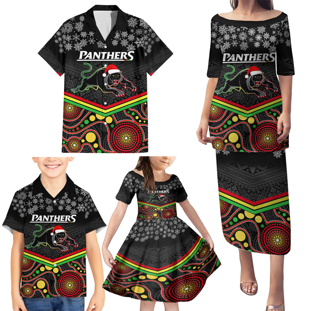 custom-panthers-rugby-christmas-family-matching-puletasi-dress-and-hawaiian-shirt-merry-xmas-2023-mix-aboriginal-art-black-version