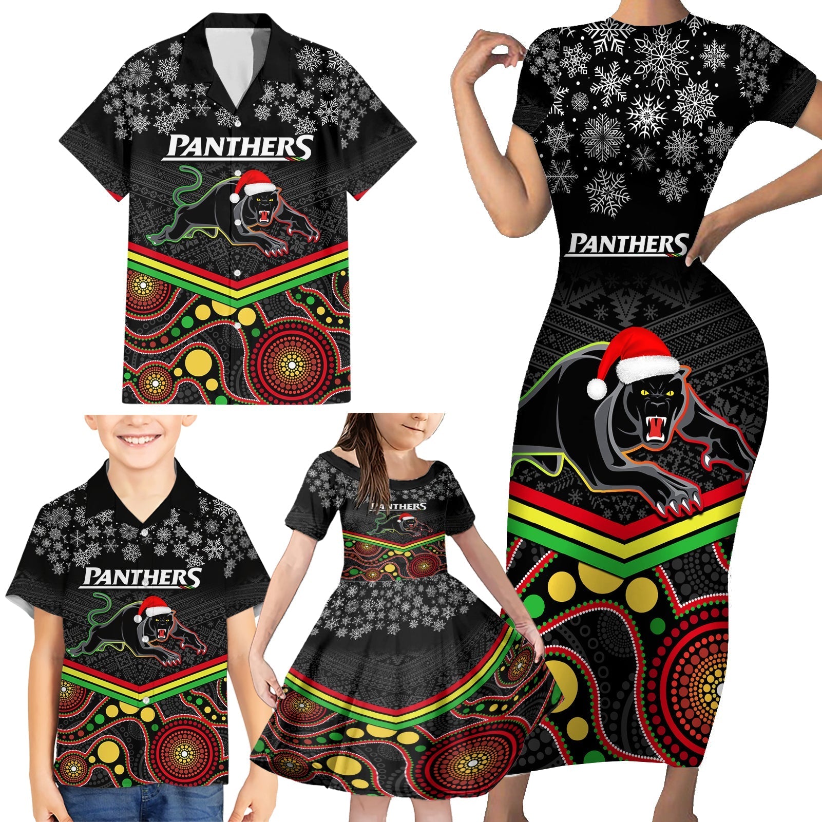 custom-panthers-rugby-christmas-family-matching-short-sleeve-bodycon-dress-and-hawaiian-shirt-merry-xmas-2023-mix-aboriginal-art-black-version