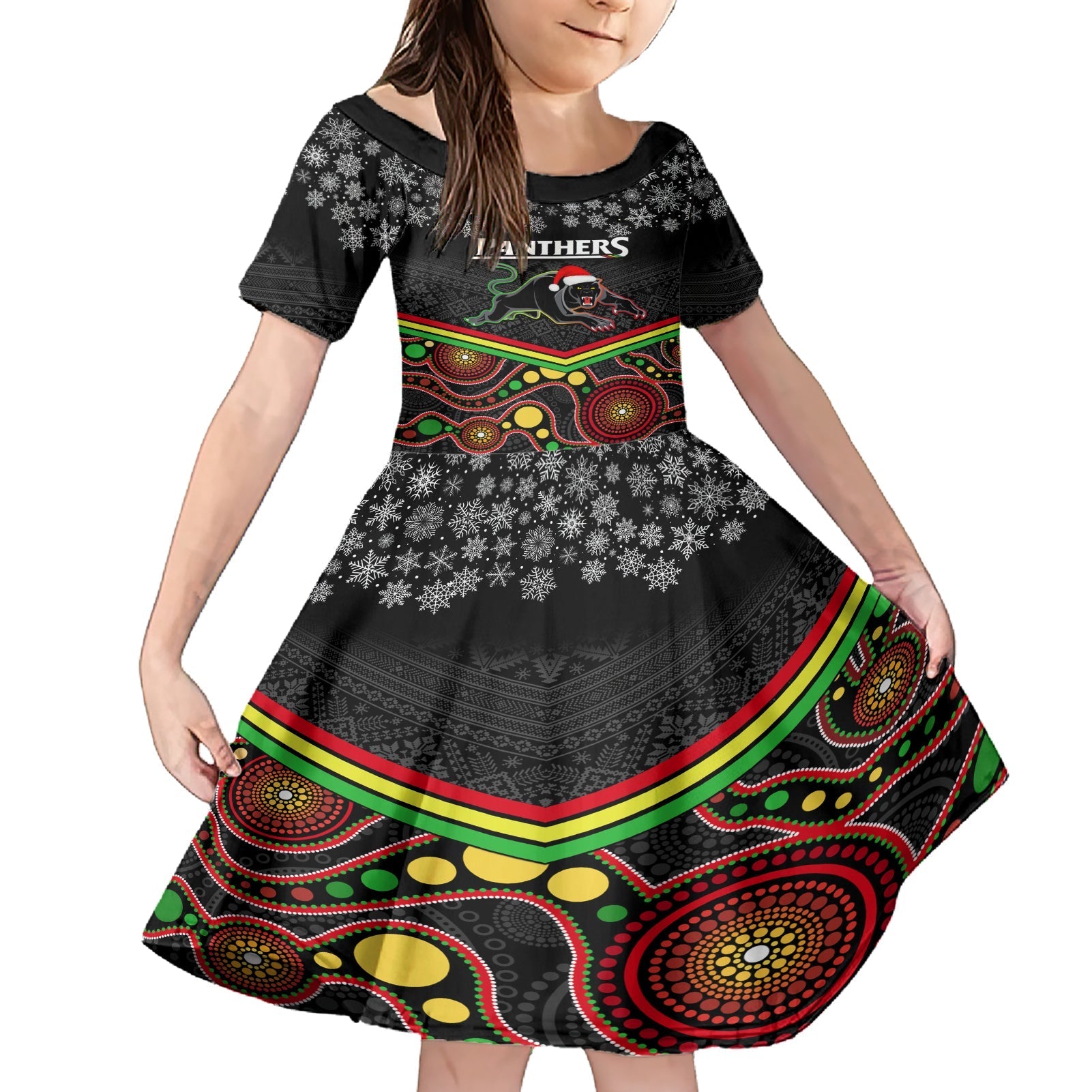 custom-panthers-rugby-christmas-family-matching-short-sleeve-bodycon-dress-and-hawaiian-shirt-merry-xmas-2023-mix-aboriginal-art-black-version