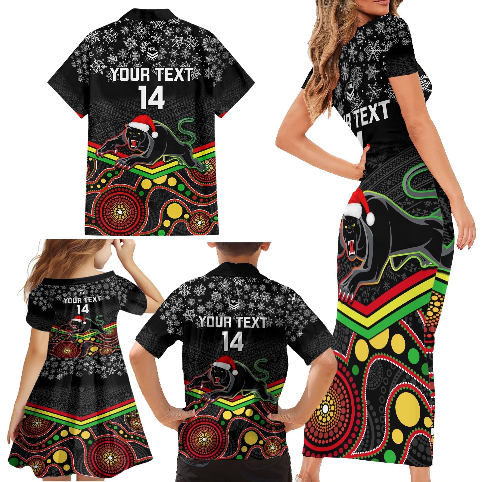custom-panthers-rugby-christmas-family-matching-short-sleeve-bodycon-dress-and-hawaiian-shirt-merry-xmas-2023-mix-aboriginal-art-black-version