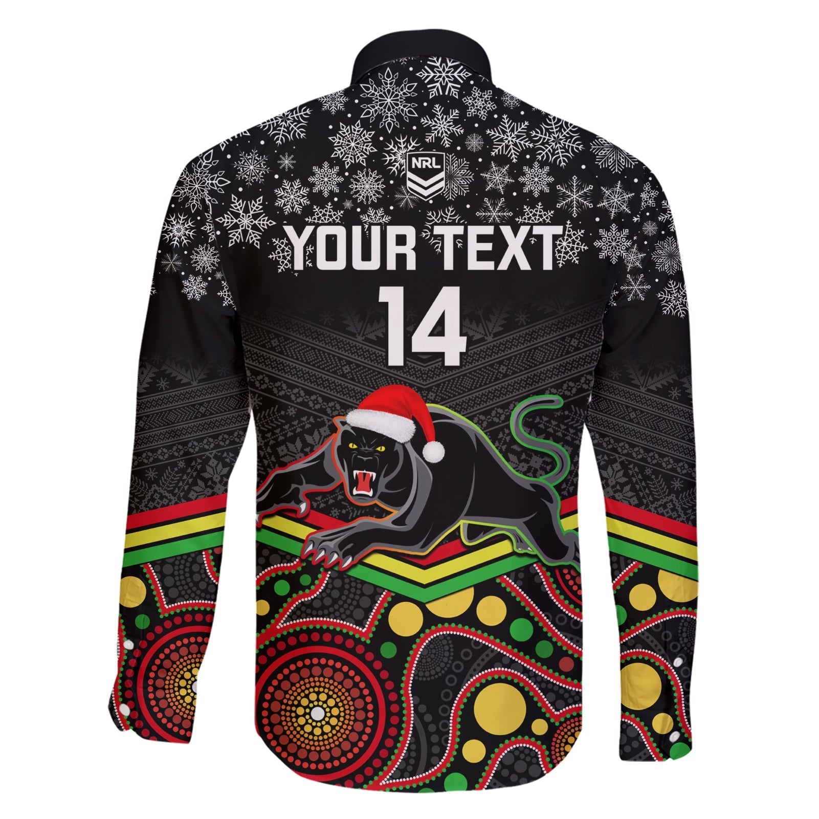 custom-panthers-rugby-christmas-family-matching-short-sleeve-bodycon-dress-and-hawaiian-shirt-merry-xmas-2023-mix-aboriginal-art-black-version