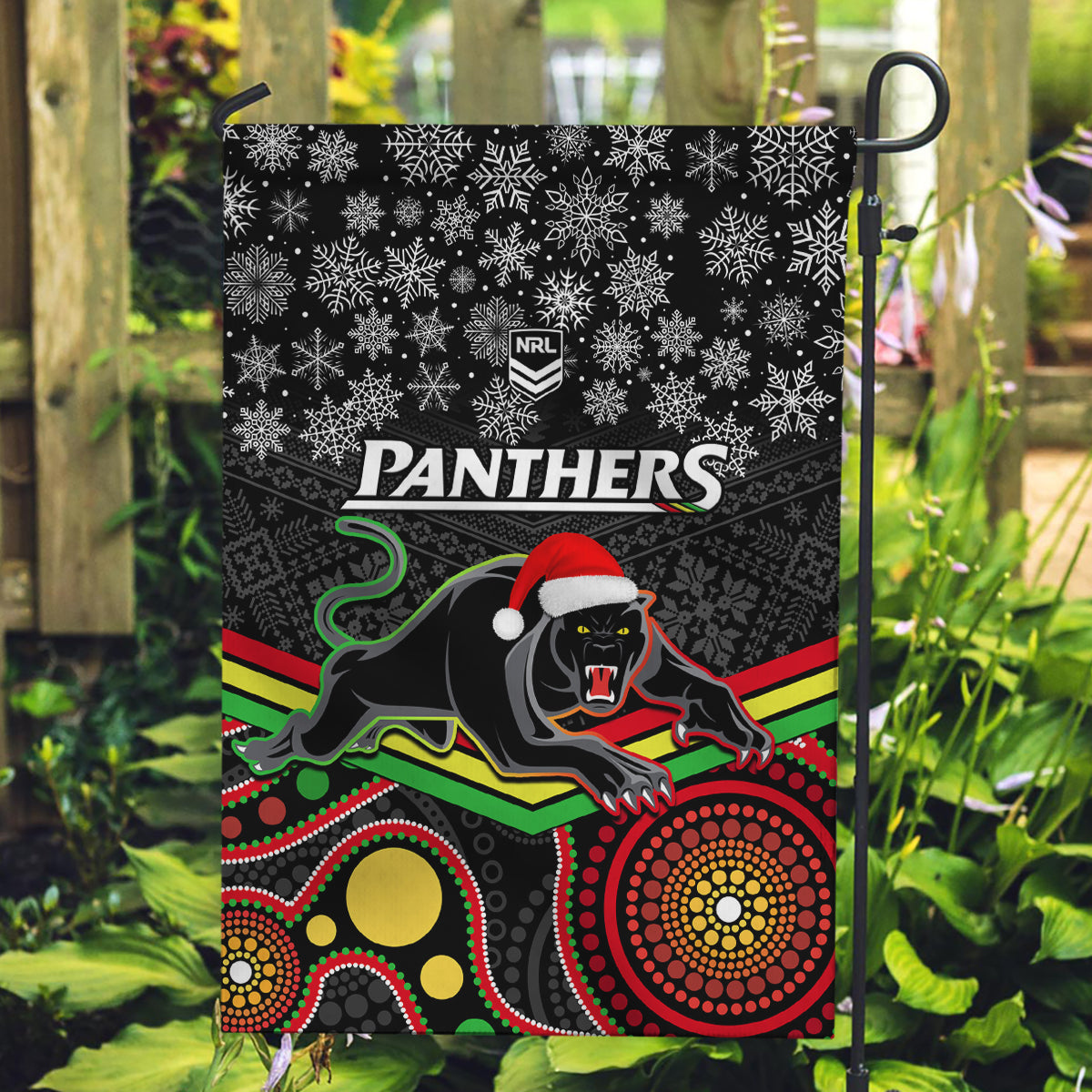 Panthers Rugby Christmas Garden Flag Merry Xmas 2023 Mix Aboriginal Art Black Version - Vibe Hoodie Shop