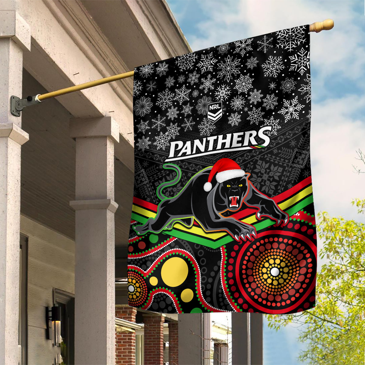 Panthers Rugby Christmas Garden Flag Merry Xmas 2023 Mix Aboriginal Art Black Version - Vibe Hoodie Shop