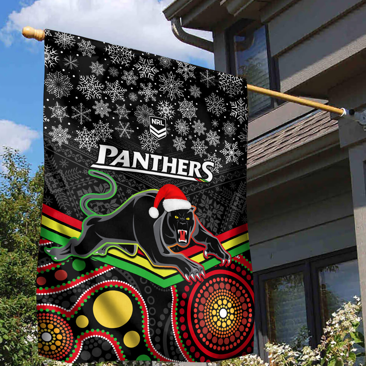 Panthers Rugby Christmas Garden Flag Merry Xmas 2023 Mix Aboriginal Art Black Version - Vibe Hoodie Shop