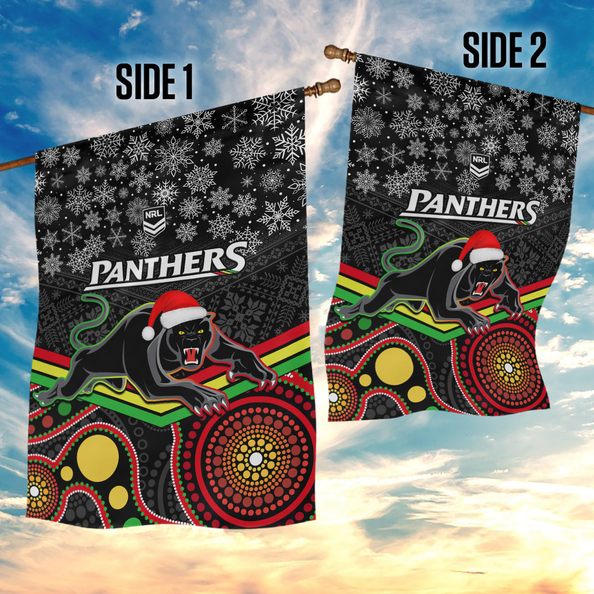 Panthers Rugby Christmas Garden Flag Merry Xmas 2023 Mix Aboriginal Art Black Version - Vibe Hoodie Shop