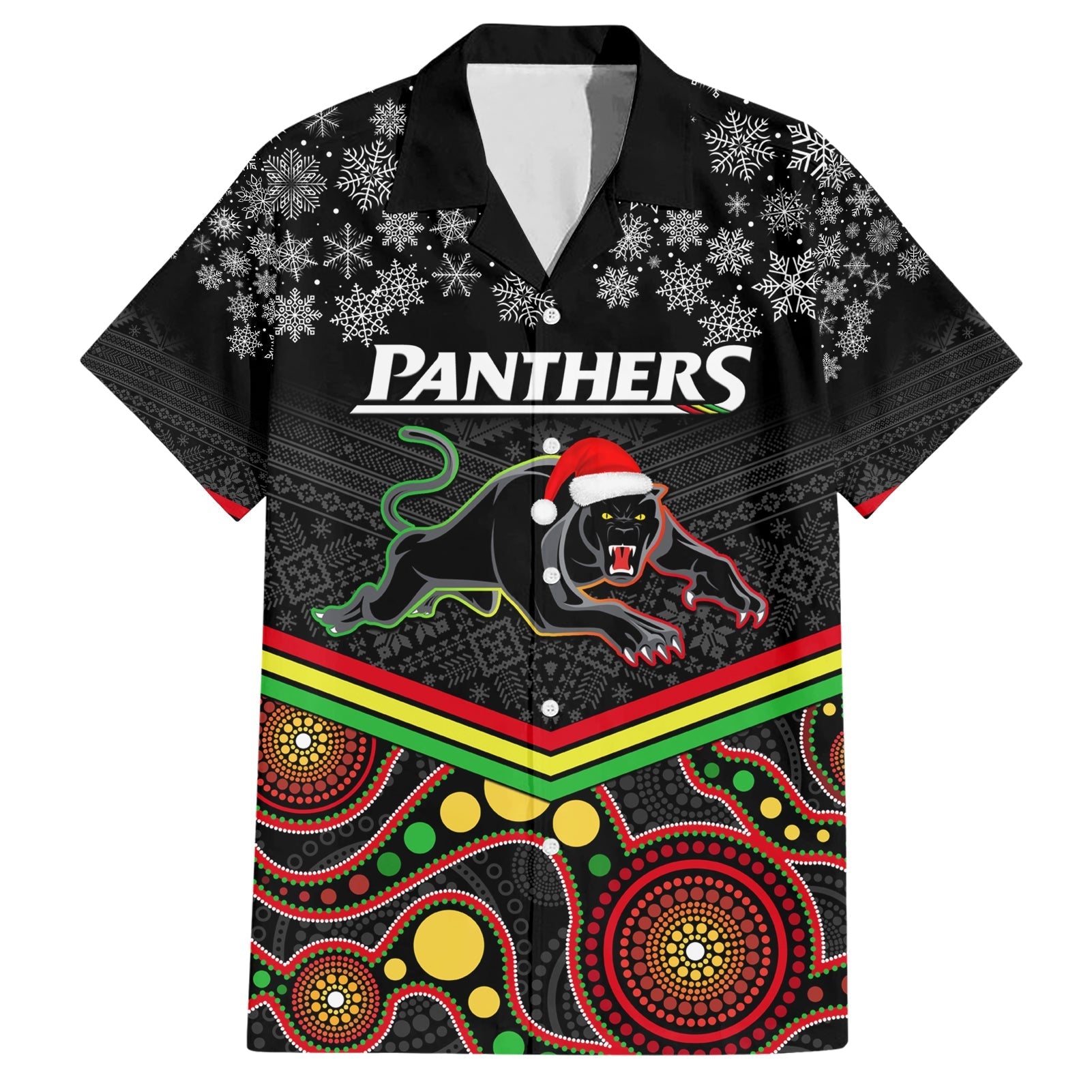 Custom Panthers Rugby Christmas Hawaiian Shirt Merry Xmas 2023 Mix Aboriginal Art Black Version - Vibe Hoodie Shop