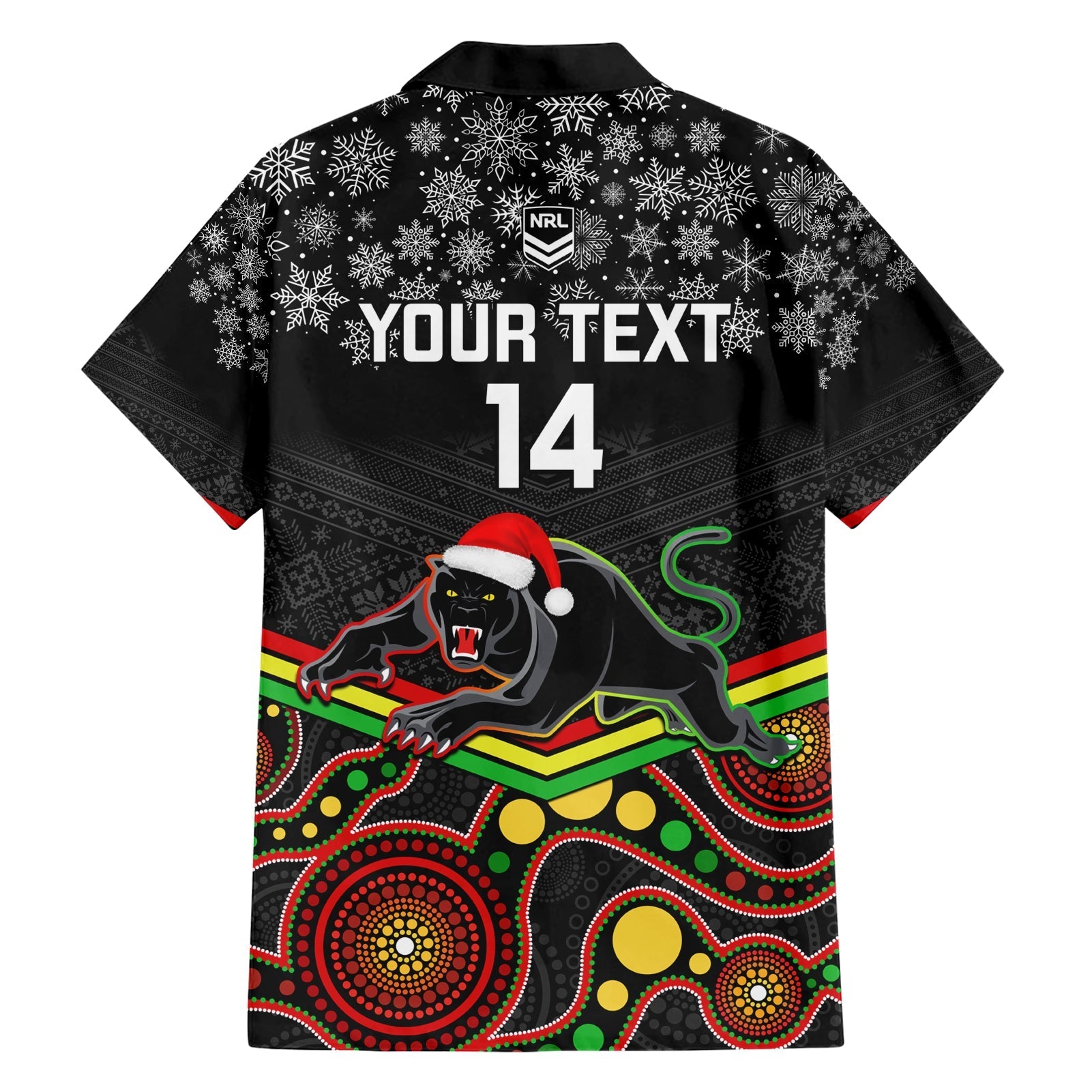 Custom Panthers Rugby Christmas Hawaiian Shirt Merry Xmas 2023 Mix Aboriginal Art Black Version - Vibe Hoodie Shop