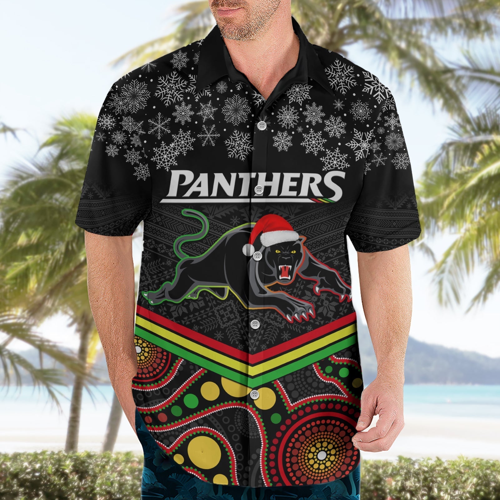 Custom Panthers Rugby Christmas Hawaiian Shirt Merry Xmas 2023 Mix Aboriginal Art Black Version - Vibe Hoodie Shop