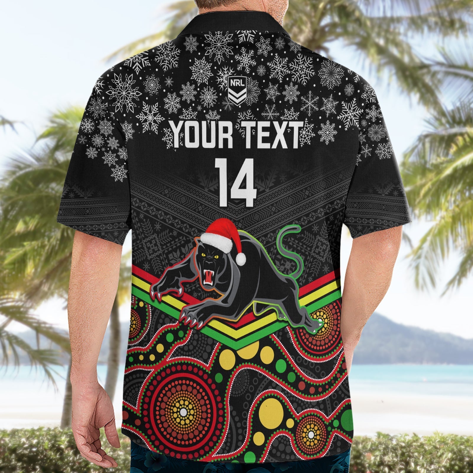 Custom Panthers Rugby Christmas Hawaiian Shirt Merry Xmas 2023 Mix Aboriginal Art Black Version - Vibe Hoodie Shop