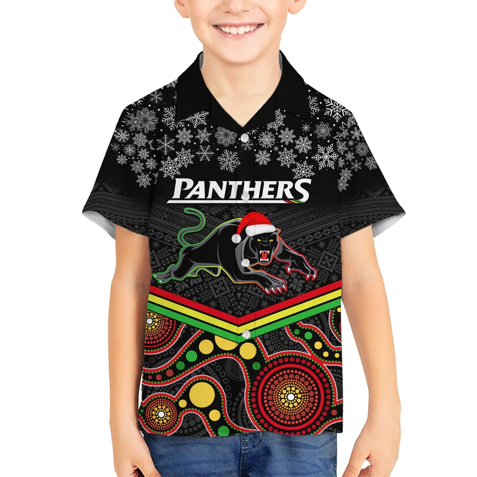 Custom Panthers Rugby Christmas Hawaiian Shirt Merry Xmas 2023 Mix Aboriginal Art Black Version - Vibe Hoodie Shop