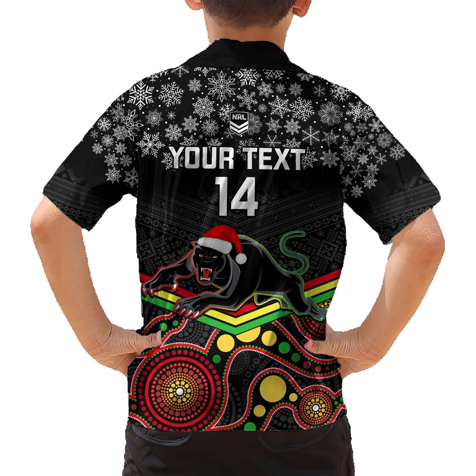 Custom Panthers Rugby Christmas Hawaiian Shirt Merry Xmas 2023 Mix Aboriginal Art Black Version - Vibe Hoodie Shop