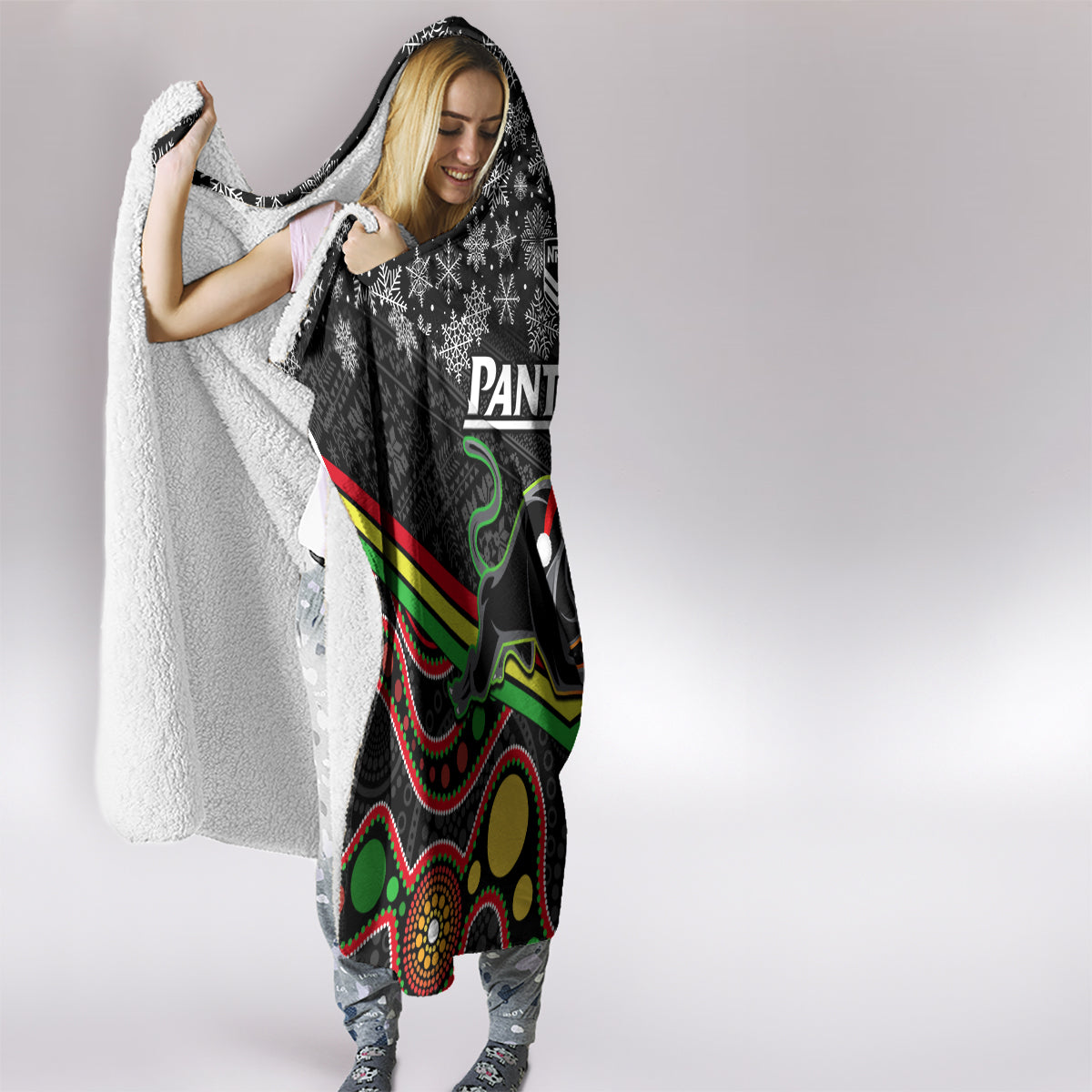 custom-panthers-rugby-christmas-hooded-blanket-merry-xmas-2023-mix-aboriginal-art-black-version
