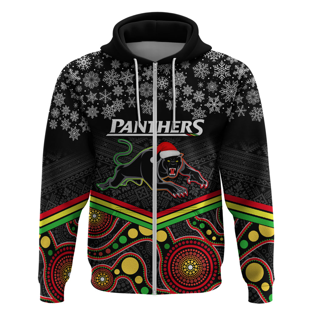 Custom Panthers Rugby Christmas Hoodie Merry Xmas 2023 Mix Aboriginal Art Black Version - Vibe Hoodie Shop