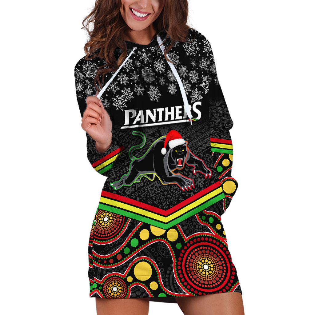 Custom Panthers Rugby Christmas Hoodie Dress Merry Xmas 2023 Mix Aboriginal Art Black Version - Vibe Hoodie Shop