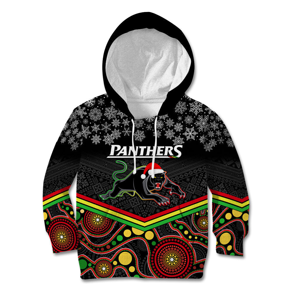Custom Panthers Rugby Christmas Kid Hoodie Merry Xmas 2023 Mix Aboriginal Art Black Version - Vibe Hoodie Shop