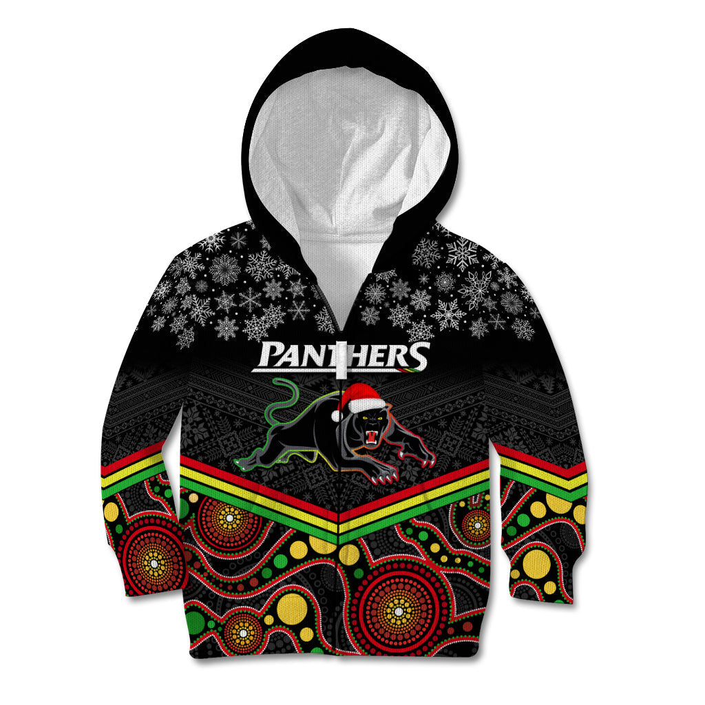 Custom Panthers Rugby Christmas Kid Hoodie Merry Xmas 2023 Mix Aboriginal Art Black Version - Vibe Hoodie Shop
