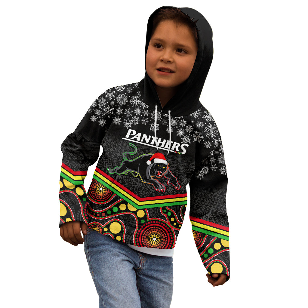 Custom Panthers Rugby Christmas Kid Hoodie Merry Xmas 2023 Mix Aboriginal Art Black Version - Vibe Hoodie Shop
