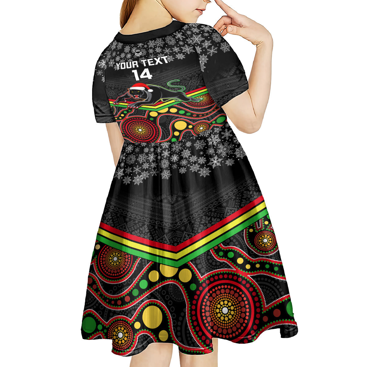 Custom Panthers Rugby Christmas Kid Short Sleeve Dress Merry Xmas 2023 Mix Aboriginal Art Black Version - Vibe Hoodie Shop