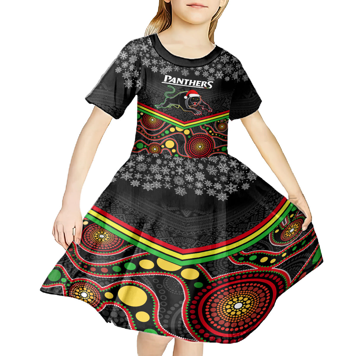 Custom Panthers Rugby Christmas Kid Short Sleeve Dress Merry Xmas 2023 Mix Aboriginal Art Black Version - Vibe Hoodie Shop