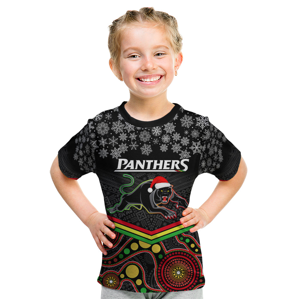 Custom Panthers Rugby Christmas Kid T Shirt Merry Xmas 2023 Mix Aboriginal Art Black Version - Vibe Hoodie Shop