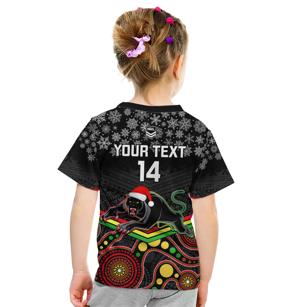 Custom Panthers Rugby Christmas Kid T Shirt Merry Xmas 2023 Mix Aboriginal Art Black Version - Vibe Hoodie Shop