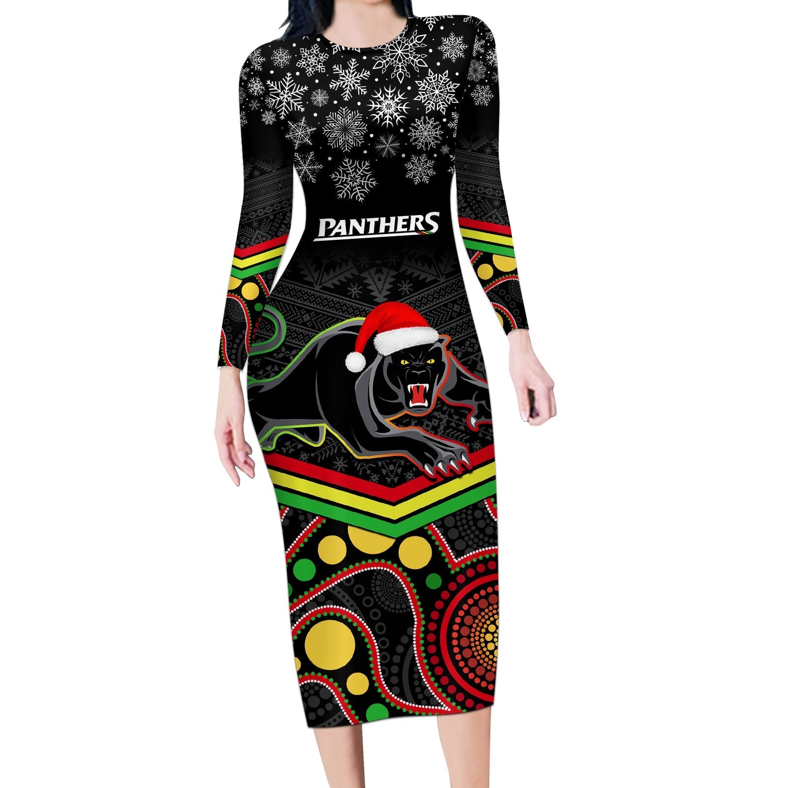 custom-panthers-rugby-christmas-long-sleeve-bodycon-dress-merry-xmas-2023-mix-aboriginal-art-black-version