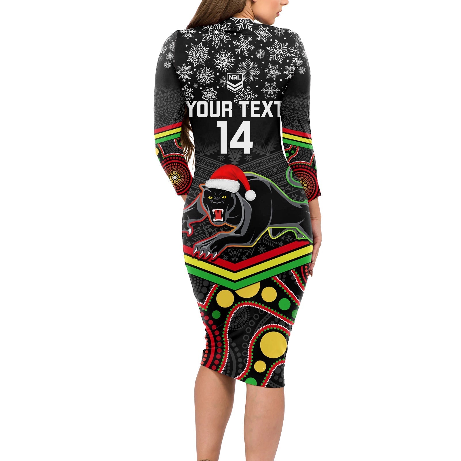 custom-panthers-rugby-christmas-long-sleeve-bodycon-dress-merry-xmas-2023-mix-aboriginal-art-black-version