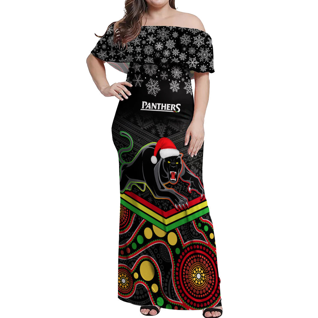 custom-panthers-rugby-christmas-off-shoulder-maxi-dress-merry-xmas-2023-mix-aboriginal-art-black-version